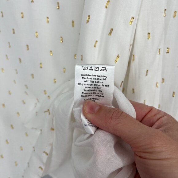 Draper James Womens Clip Dot Blouse Top Size L White Gold Metallic Ruffle Modest - Picture 8 of 14